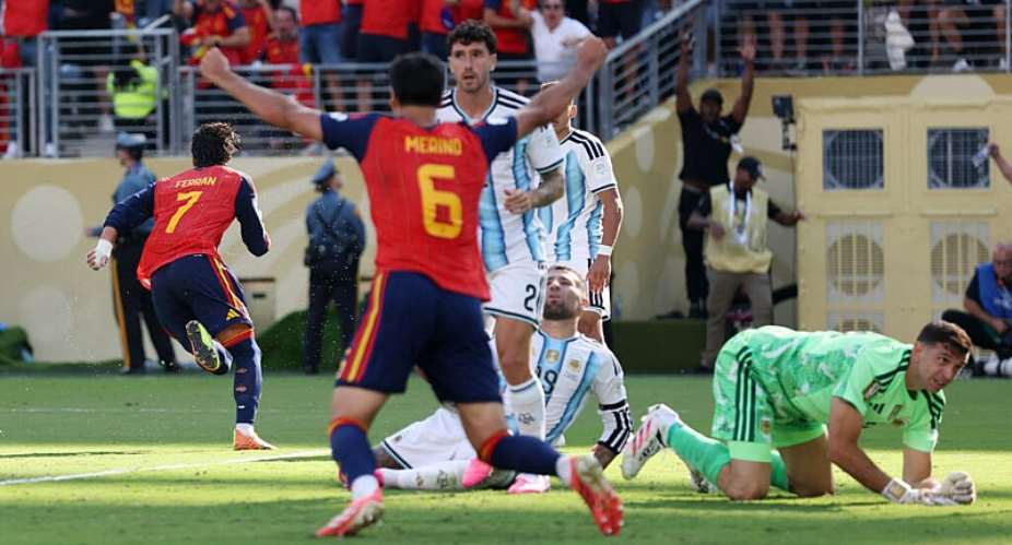 Ferran Torres #7 of Spain celebrates scoring his teams first goal during the FIFA World Cup 2026 Final match between Spain and Argentina at New York New Jersey Stadium on July 19, 2026 in East Rutherford, New Jersey. -  Justin Setterfield, Getty Images via AFP