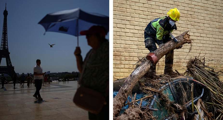 Foreign actors are taking advantage of extreme weather events to share destabilising disinformation. This was the case during recent heatwaves in France (archival image, at left) as well as during deadly floods in Spain (at right). -  AP (montage by FRANCE 24)