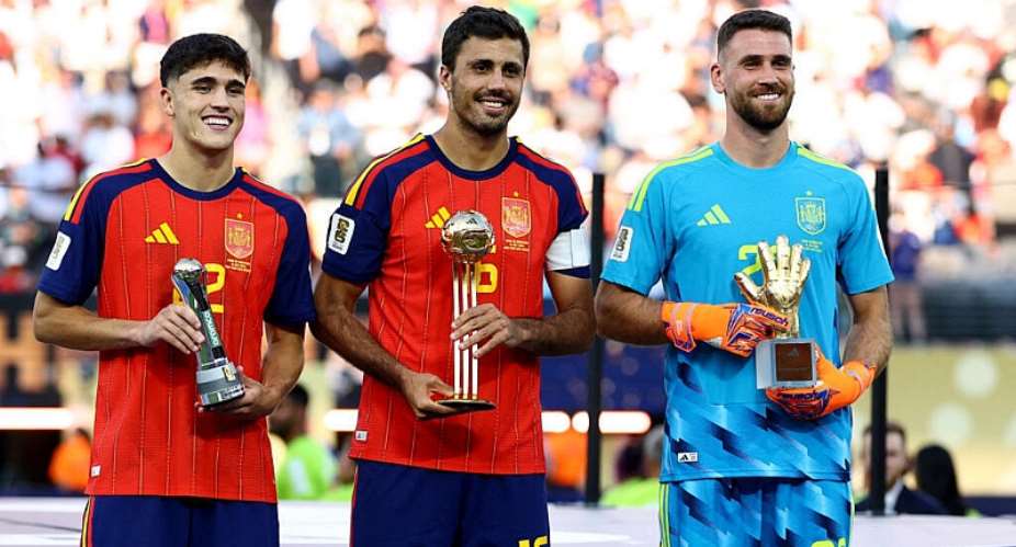 Spain players Pau Cubarsi (left), Rodri (centre) and Unai Simon won three of the four individual performance trophies at the 2026 World Cup. -  Kai Pfaffenbach / Reuters