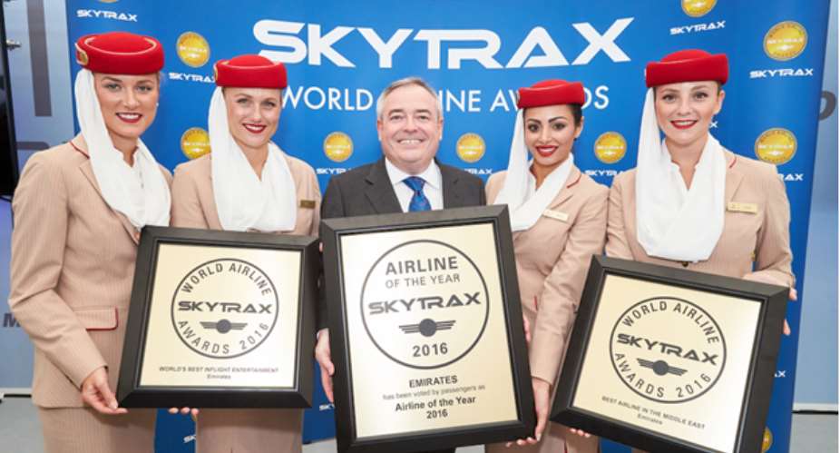Staff of Emirates Airlines displaying the awards