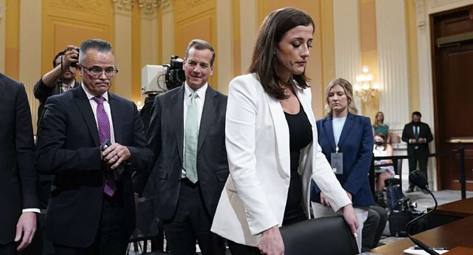 Cassidy Hutchinson, former aide to Trump White House chief of staff Mark Meadows, leaves after testifying as the House select committee investigating the Jan. 6 attack on the U.S. Capitol holds a hearing at the Capitol in Washington, Tuesday, June 28, 2022. AP PhotoJ. Scott ApplewhiteJ. Scott Applewhite  ASSOCIATED PRESS