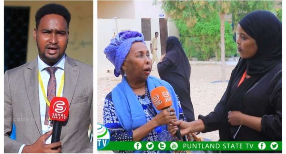 Journalists from privately-owned Sahal Cable TV and Puntland State TV during their election coverage on Tuesday, 23 July 2014.  PHOTO/Photo screenshot from video