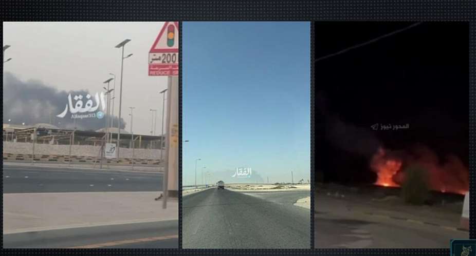 Screenshots from videos briefly showing Iranian strikes in Bahrain on July 13, 2026 (left and centre) and on July 16, 2026. -  Observers