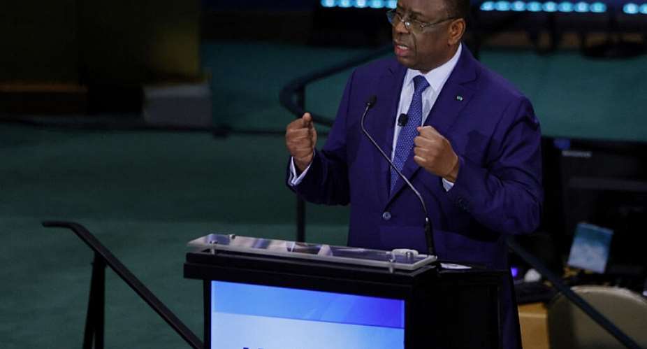 Senegals former president and candidate for the United Nations Secretary-General position Macky Sall speaks during a debate at the UN General Assembly Hall in New York, on 23 July 2026. - AFP - LEONARDO MUNOZ