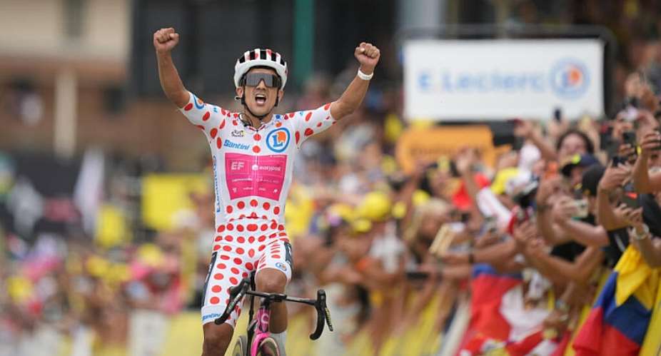 Ecuadors Richard Carapaz celebrates as he crosses the finish line to win the twentieth stage of the Tour de France cycling race with start in Le Bourg dOisans and finish in Alpe dhuez, France,  July 25, 2026 -  Mosaab Elshamy, AP Photo