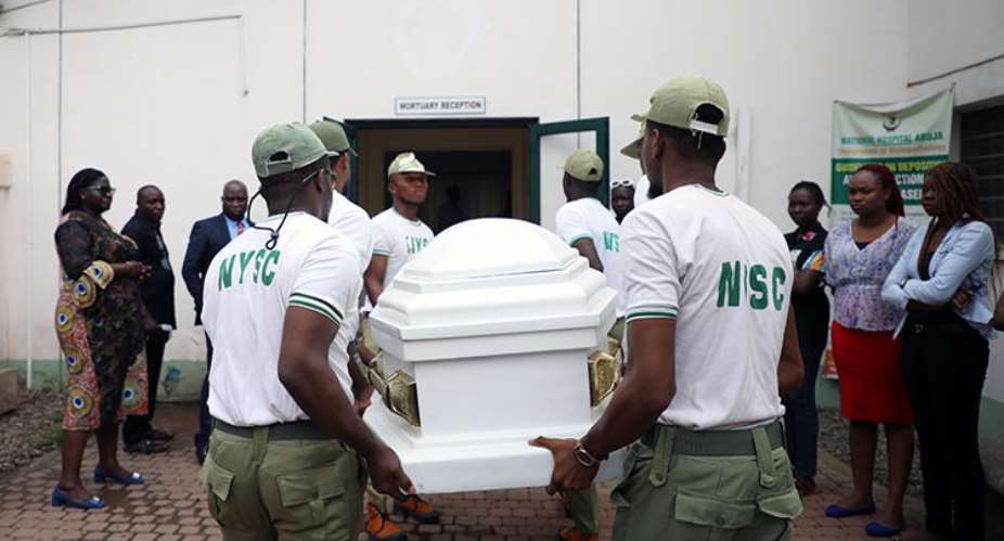 Members of the National Youth Service Corp carry the body of their colleague, the reporter Precious Owolabi, in Abuja on July 23. Owolabi was shot while covering protests in the Nigeria capital. AFPKola Sulaimon