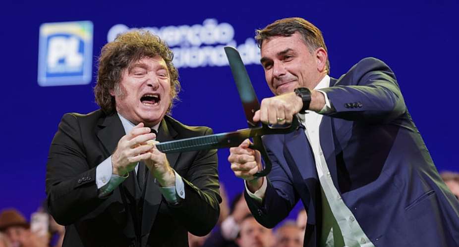 Brazilian Senator Flavio Bolsonaro, right, accompanied by Argentinas President Javier Milei shown at the Liberal Party convention confirming Bolsonaro as a presidential candidate, Sao Paulo, Saturday, July 25, 2026. -  Ettore Chiereguini, AP