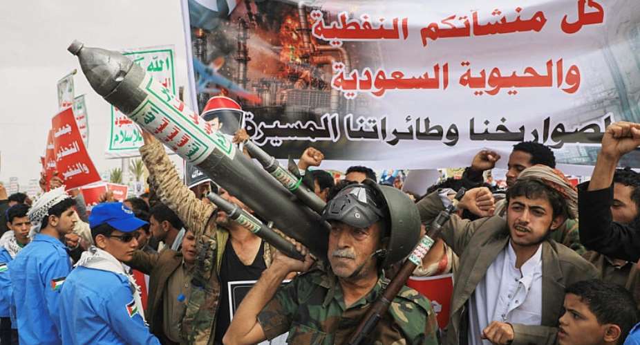 Houthi supporters rally in Sanaa, Yemen, July 17, 2026, near banner in Arabic proclaiming, All Saudi oil facilities are targets to our missiles and drones. -  Osamah Abdulrahman, AP