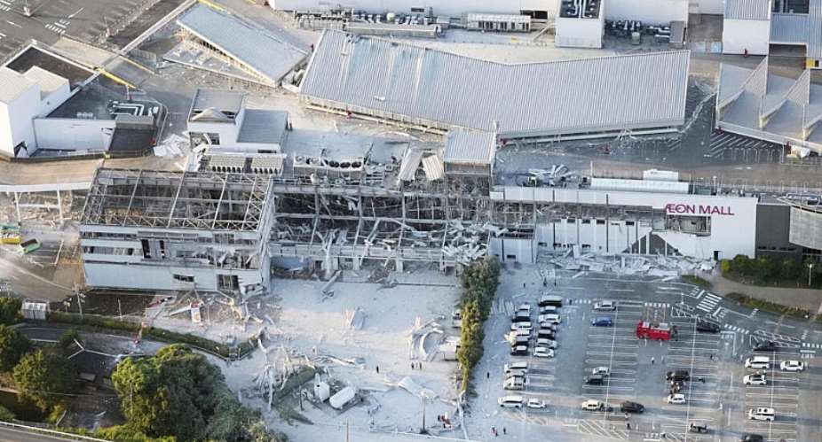 An aerial view shows the damaged Aeon Mall shopping centre after an earthquake in Kashima Town, Kumamoto Prefecture, Japan, July 28, 2026. -  via Reuters - Kyodo