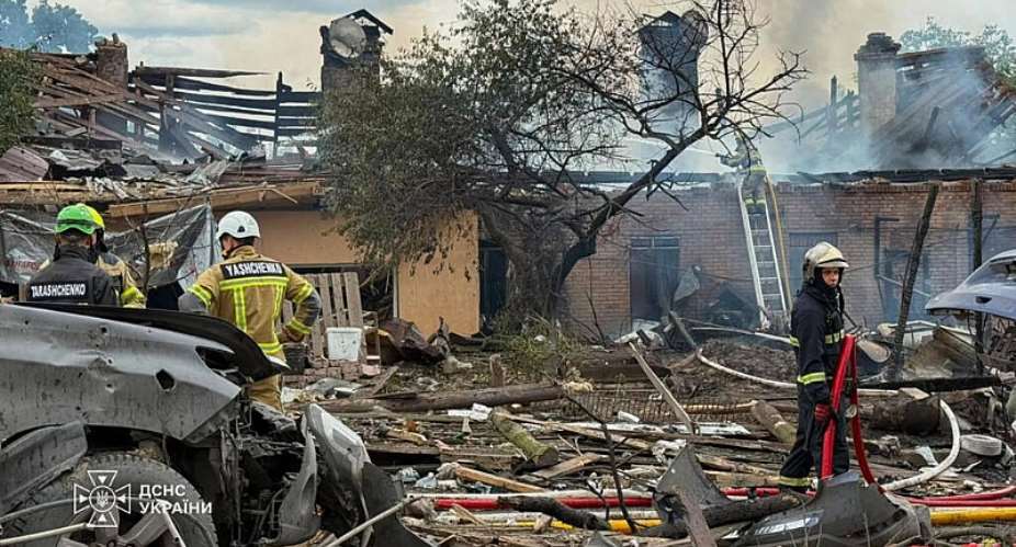 This photo provided by the Ukrainian Emergency Service, shows the site of Russian missile strikes in Kyiv region, Ukraine, 24 July 2026. -  Ukrainian Emergency Service via AP