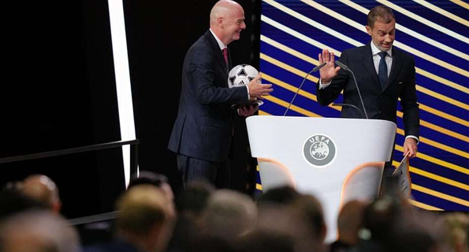 FIFA President Gianni Infantino with UEFA President Aleksander Ceferin, after addressing the 50th UEFA Ordinary Congress in Brussels on February 12, 2026. -  Pau Barrena, AFP