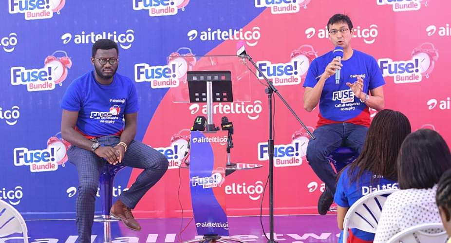 AirtelTigo's Chief Operating Officer Murthy Chaganti and Marketing Operations Pius Tuffour speaking at the launch of Fuse