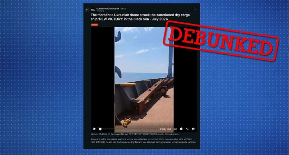 In this X post, a video falsely described as showing a drone attack on a US vessel in Egypt has been viewed more than one million times. The video in fact shows a Ukrainian drone striking a Russian-owned ship in the Black Sea on July 24. -  Observers