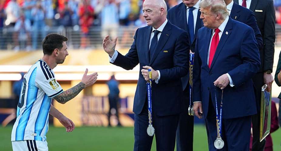 US President Donald Trump and FIFA President Gianni Infantino greet Argentinas Lionel Messi (10) after their loss in the World Cup final soccer match between Spain and Argentina in East Rutherford, NJ, near New York, on July 19, 2026. -  Julio Cortez, AP