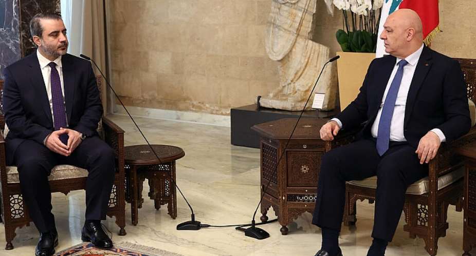 In this photo released by the Lebanese Presidency press office, Lebanese President Joseph Aoun, right, meets with Syrian Foreign Minister Asaad al-Shibani, at the presidential palace in Baabda, east of Beirut, Lebanon, 2 July 2026. -  Lebanese Presidency press office via AP