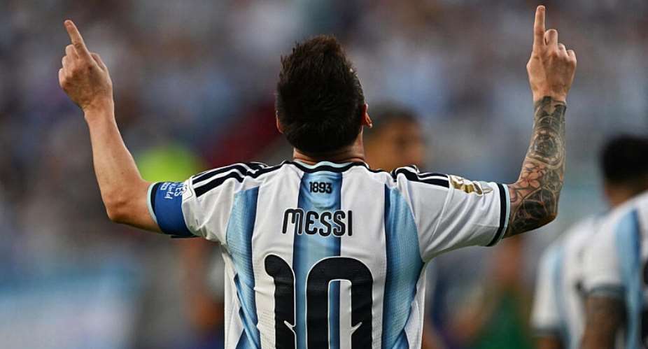 Argentinas Lionel Messi celebrates scoring his teams first goal against Algeria during the 2026 World Cup at the Kansas City Stadium on June 16, 2026. -  Roberto Schmidt, AFP