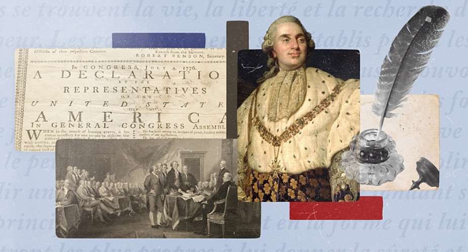 The 1776 Declaration of Independence, Louis XVI, and the Enlightenment all provided the basis of French support for the American insurgents. -  France Mdias Monde graphic studio