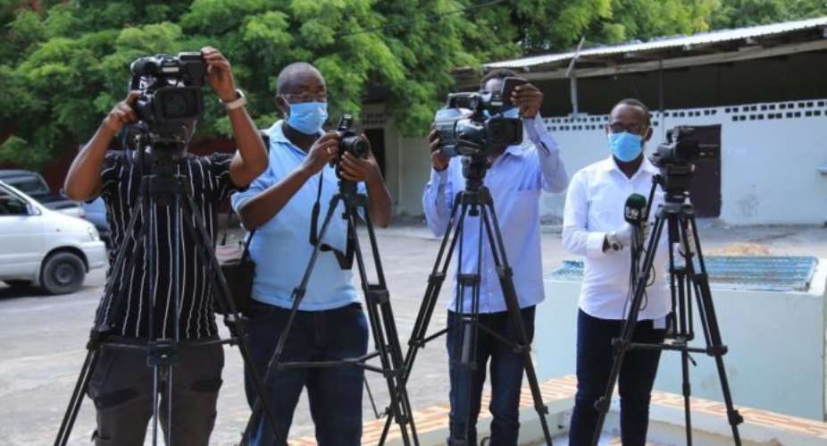 Journalists gather to cover a public event in Mogadishu in March 2021.  PhotoSJS