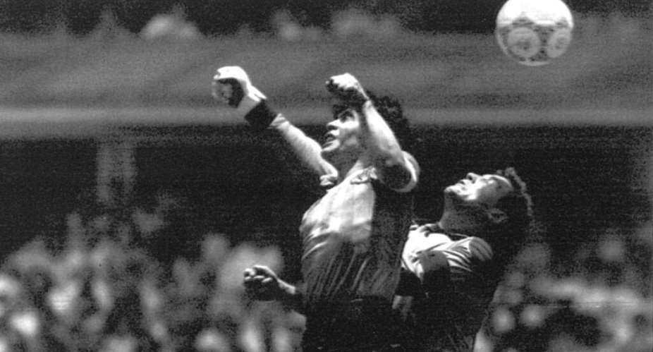 Argentinas Diego Maradona beats England goalkeeper Peter Shilton to a high ball, scoring with his hand in their World Cup quarter-final at Mexicos Azteca stadium, on June 22, 2026. - AP