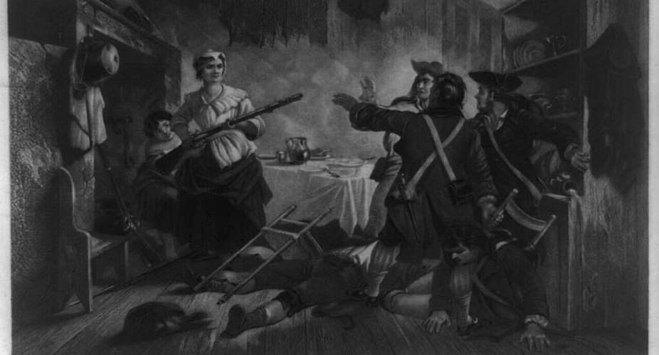 An 1857 engraving depicts patriot Nancy Hart confronting British soldiers who entered her home. Hart was one of many women whose contributions to the American Revolution have received greater attention from historians in recent decades. -  Domaine public