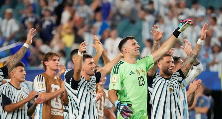 Argentina players celebrate with their fans after edging past Cape Verde 3-2 in the last 32 at the 2026 World Cup. - AP Photo/Chris Carlson - Chris Carlson