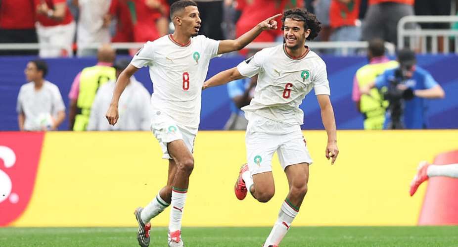 Moroccan midfielder Azzedine Ounahi celebrates scoring the opening goal against Canada in the round of 16 in Houston on 4 July 2026. -  Molly Darlington, AFP