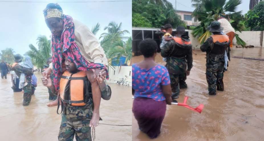 VIDEO: Fire Service Officers, NADMO at circle helping commuters to cross the flood