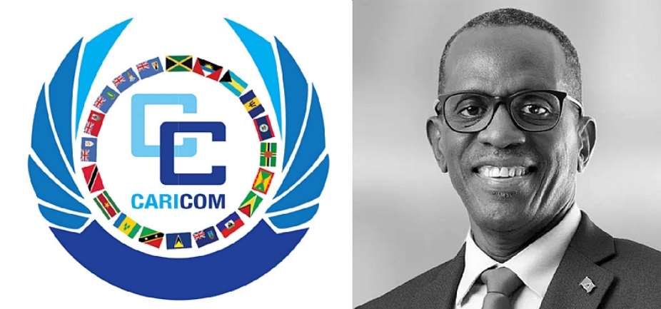 CARICOM logo and Philip J. Pierre, Prime Minister of Saint Lucia