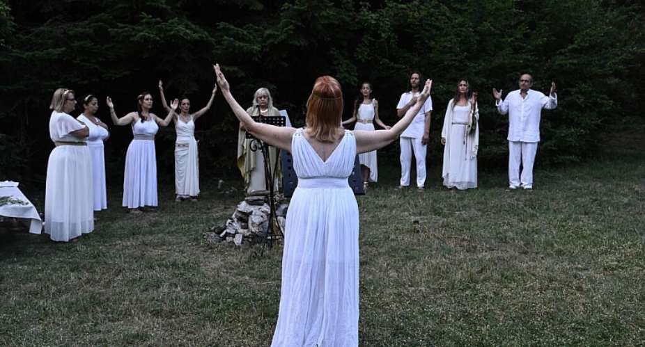Reenactors dressed as ancient Greeks perform a ritual at the foothills of Mount Olympus as part of the four-day Promitheia Festival. -  Sakis Mitrolidis, AFP