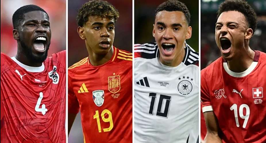 GETTY IMAGESImage caption: Lamine Yamal and Jamal Musiala (centre left and right) have starred at Euro 2024 for Spain and Germany respectively, while Austria defender Kevin Danso and Switzerland forward Dan Ndoye have made key contributions