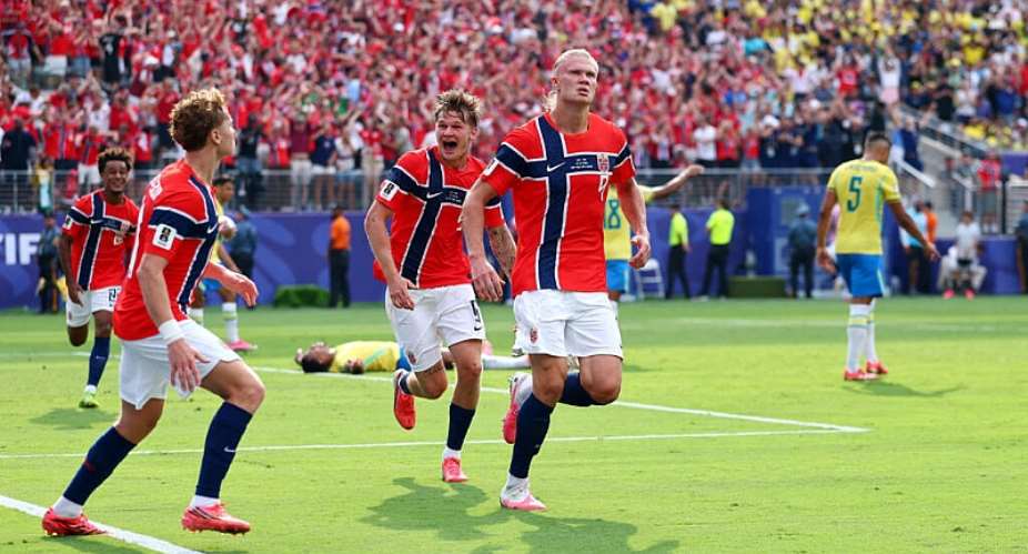 Norways Erling Haaland celebrates scoring their first goal against Brazil. -  Vincent Carchietta, Reuters