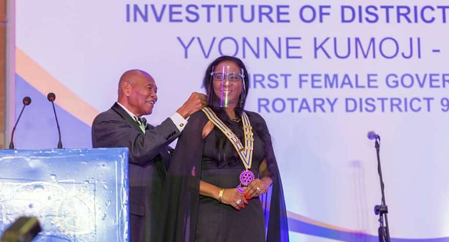 Yvonne Kumoji-Darko, First Female To Hold The Position Of Governor In District 9102, Being Inducted Into Office By Sam Okudzeto, A Past Rotary International Director And Trustee