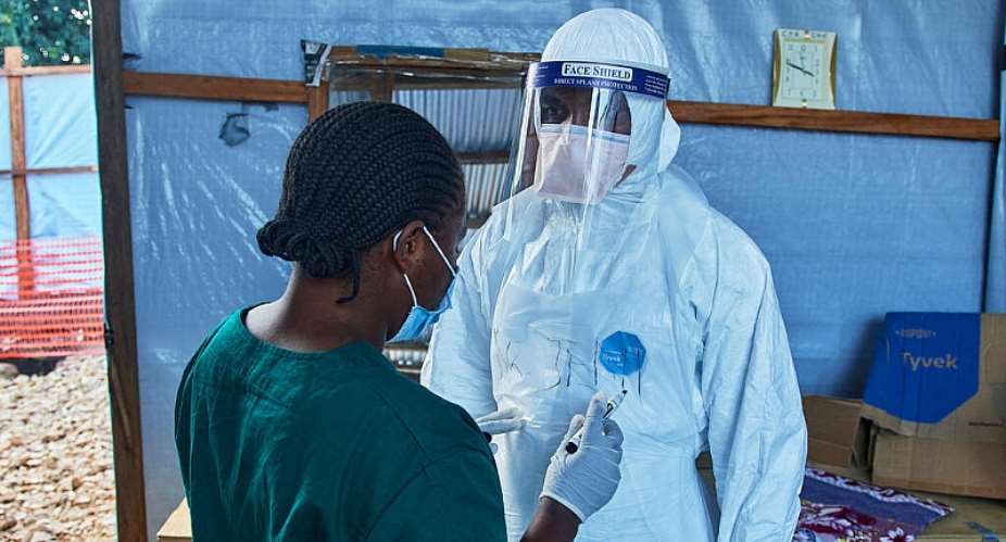 Health workers interact at the Evangelical Medical Center in Bunia, eastern DR Congo, Friday, July 3, 2026, where clinical trials are scheduled to take place. -  Dirole Lotsima Dieudonn, AP