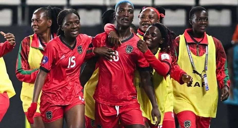 Malawi players celebrate their historic qualification for the Women’s Africa Cup of Nations semi-finals and the 2027 World Cup. -  WAFCON