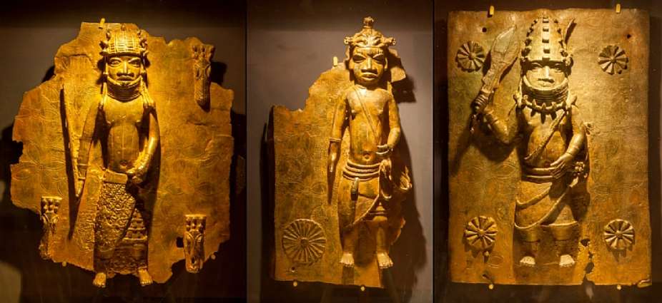 Benin bronzes collected by the British when they raided and destroyed Benin City in 1897. - Source: Wikimedia Commons
