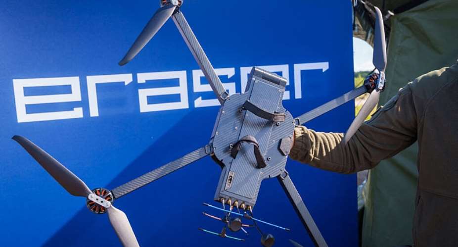 A Latvian Eraser B19 drone is seen during theInternational military anti drone exercise Baltic Trust 25 (BATT25) at the Selonia (Selija) military training ground near Viesite on August 27, 2025. -  Gints Ivuskans, AFP