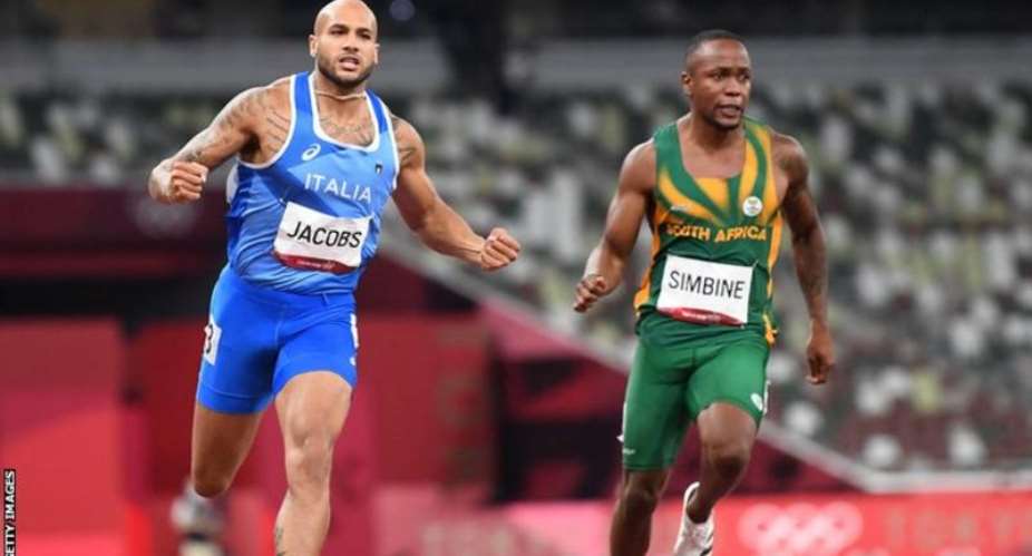 South Africa's Akani Simbine right finishing fourth in the men's 100m Olympic final behind winner Lamont Macrcell Jacobs of Italy