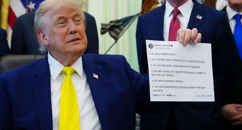 US President Donald Trump holds up an image taken from his Truth Social account at an event in the Oval Office of the White House, Washington, DC, Thursday, June 4, 2026. -  Julia Demaree Nikhinson, AP Photo