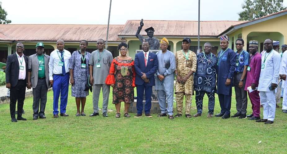 Prof. Aremu (7th left) posing for a group photo with select Deans and Directors shortly after the Special Senate in his honour