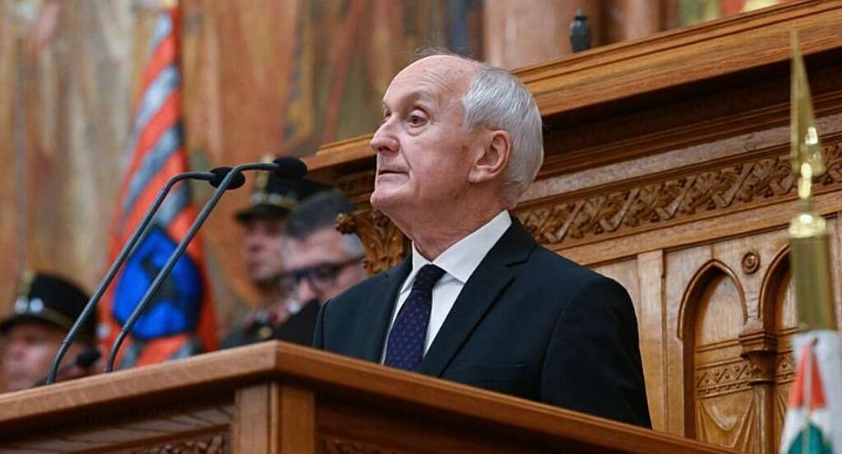 President-elect and former Supreme Court president Andras Baka delivers a speech after being elected President of the Republic during the extraordinary plenary session of the Hungarian Parliament in Budapest, Hungary, Tuesday, Aug. 11, 2026. - Szilard Koszticsak/MTI via AP - Szilard Koszticsak
