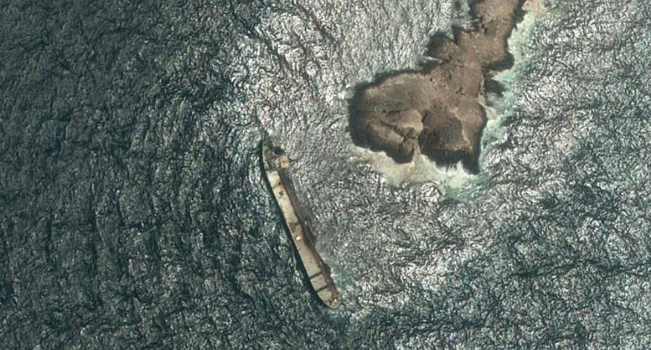 The tanker Caroline Bezengi, grounded and partly submerged off the coast of Oman, leaks crude oil into the sea on August 5, 2026. -  AP