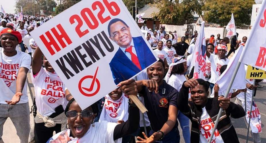 Supporters of Zambian incumbent President and United Party for National Development (UPND) presidential candidate Hakainde Hichilema campaign on the street in Lusaka, Zambia, on August 10, 2026. -  Anita Reed, AP