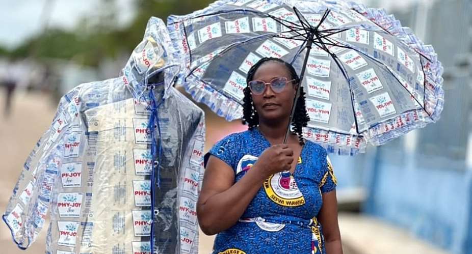 Wiawso College of Education student produces raincoat and umbrella from empt water sachet