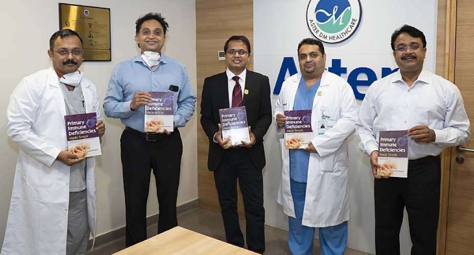 Left to Right Dr. Chetan Ginigeri, Consultant - Paediatrics  Paediatric Intensive Care, Aster CMI; Dr. Nitish Shetty, CEO, Aster Hospitals, Bangalore; Dr. Sagar Bhattad, Consultant - Paediatric Immunology  Rheumatology, Aster CMI; Dr. Shugota Chakrabarti, Chief of Medical Services, Aster CMI; Mr. Ramesh Kumar, COO, Aster CMI, supporting the book launch event