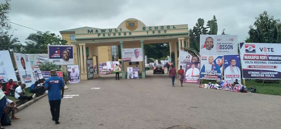 Mawuli School covered in NPP colours as regional executive election begins