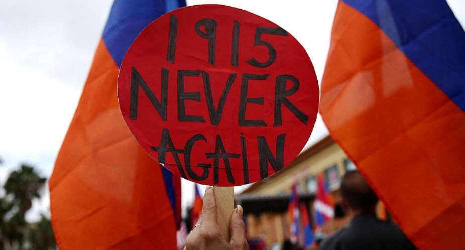 A rally in Los Angeles commemorating the 106th anniversary of the Armenian Genocide on 24 April, 2021. - Getty Images via AFP - MARIO TAMA