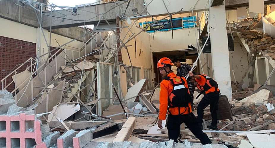 In this image released by the Indonesian National Search and Rescue Agency (BASARNAS), rescue workers search for victims in a damaged building following an earthquake in Maumere, in the province of East Nusa Tenggara, Indonesia, on August 15, 2026. -  Basarnas via AP