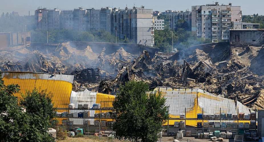 Burnt-out hypermarket following an overnight Ukrainian drone strike, in the course of the Russia-Ukraine conflict in Donetsk, a Russian-controlled city of Ukraine, on August 16, 2026. -  Alexander Ermochenko, Reuters