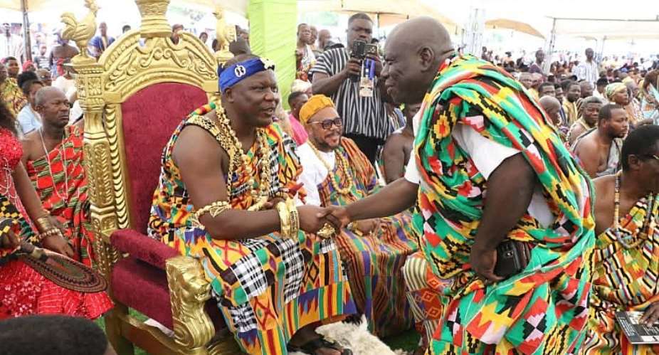 Hon. Agbeve in handshake with Konor of Agortime Traditional Area Nene Nuer Keteku IV at the 2026 Agbamevorza Durbar on Saturday at CEPS School Park