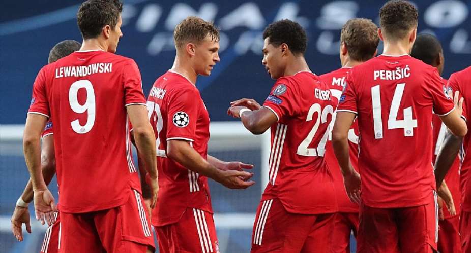 Serge Gnabry 4thL of FC Bayern Muenchen celebrates his first goal with teammates Robert Lewandowski, Joshua Kimmich, Thomas Mueller and Ivan Perisic L-RImage credit: Getty Images